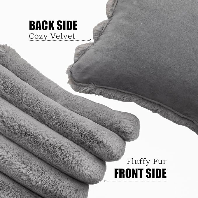 Neelvin Grey Faux Fur Cozy Soft Striped Decorative Throw Pillow Covers 16x16 inch Set of 2,Velvet Pillowcase Cushion Case for Sofa Couch