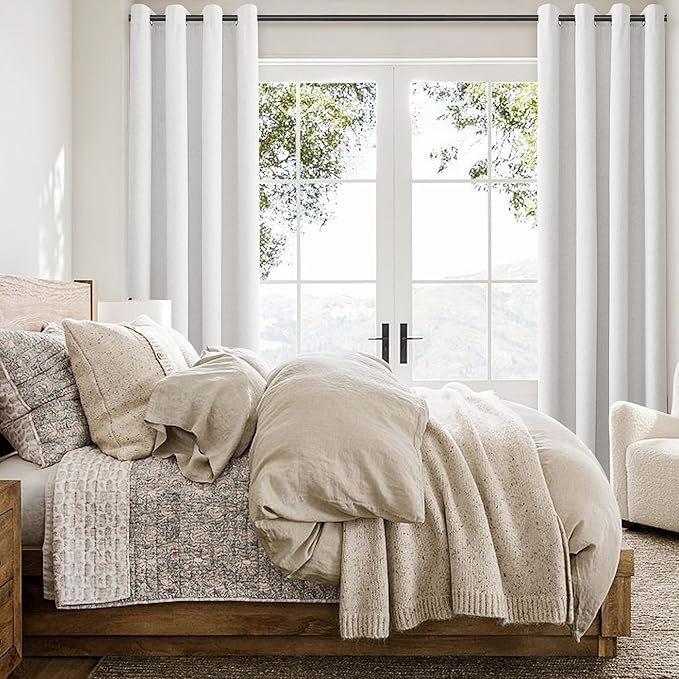 100% Blackout Linen Curtains for Bedroom Thermal Insulated Grommet Complete Blackout Drapes 96 Inch Length 2 Panels Set Heat and Full Light Blocking Living Room Darkening Curtains Beige White 52X96