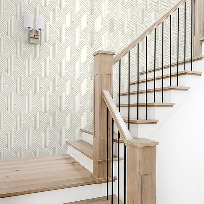 Ismoon 362"x17.3" Boho Wallpaper Modern Peel and Stick Wallpaper White Beige Geometric Contact Paper Neutral Line Removable Wall Paper Textured Hexagon Renter Friendly Kitchen Bathroom Vinyl Roll