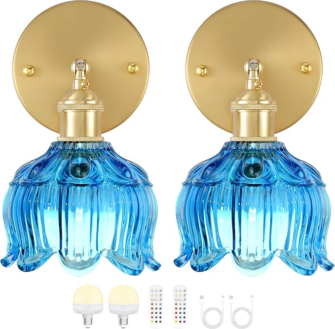 Vintage Battery Operated Wall Sconce with Flower lampshade,Rechargeable Battery Powered Wall Lights,Wall lamp with 15 Colors for Bedroom Living Room Home Decor (Flower Blue, 2 Light Battery Operated)