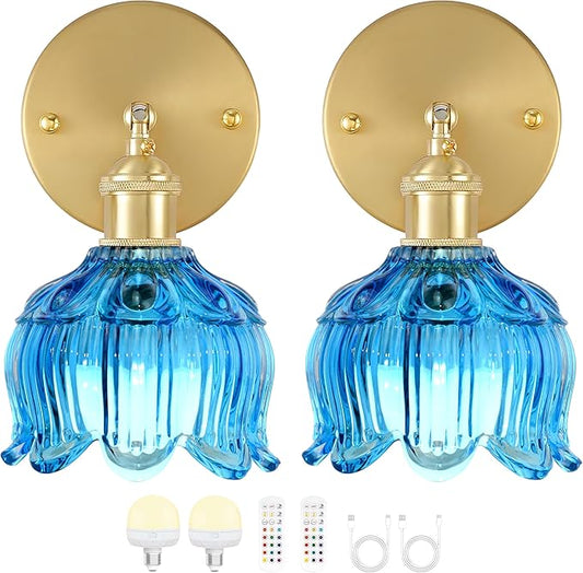 Vintage Battery Operated Wall Sconce with Flower lampshade,Rechargeable Battery Powered Wall Lights,Wall lamp with 15 Colors for Bedroom Living Room Home Decor (Flower Blue, 2 Light Battery Operated)