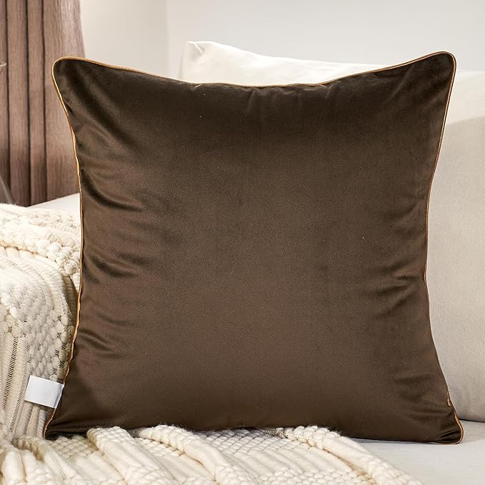 Aeckself Dark Brown Gold Plaid Geometric Throw Pillow Covers 20x20 Inch, Luxury Embroidery Velvet Cushion Case Square Modern Decorative Pillow Covers for Couch Living Room Bedroom