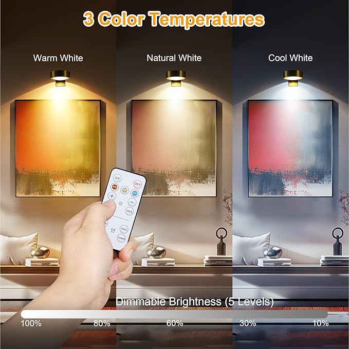 3-Pack Picture Lights for Wall, Rechargeable Battery Operated Led Painting Light with Remote Dimmable ＆ Timer, 3 Lighting Modes Magnetic Art Display Light, Wall Decorative Lighting for Picture,Frame