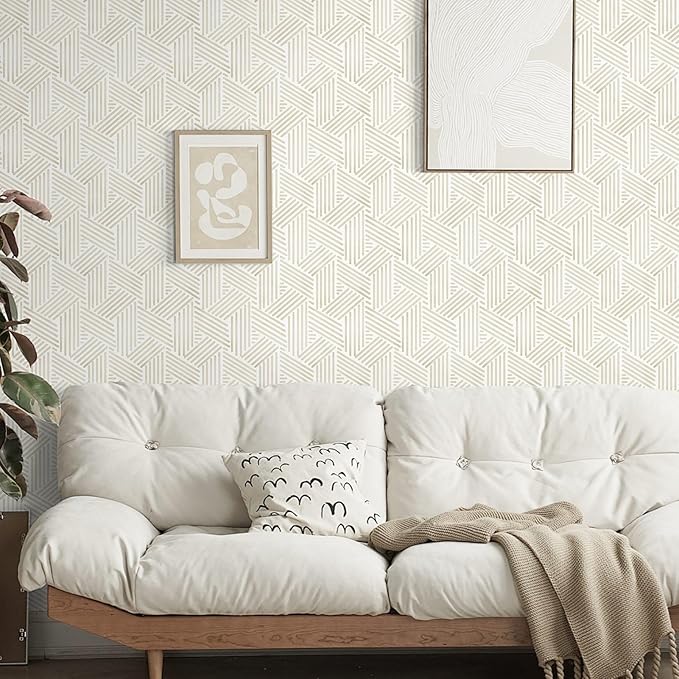 Ismoon 362"x17.3" Boho Wallpaper Modern Peel and Stick Wallpaper White Beige Geometric Contact Paper Neutral Line Removable Wall Paper Textured Hexagon Renter Friendly Kitchen Bathroom Vinyl Roll