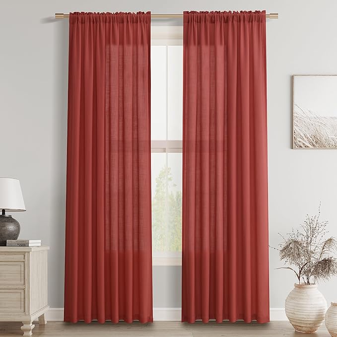 Guken Red Linen Curtains 84 Inch Length for Living Room Bedroom 2 Panels Set Rod Pocket Light Filtering Semi Sheer Window Curtains 52 Inch Width Boho Farmhouse Linen Drapes, W52xL84