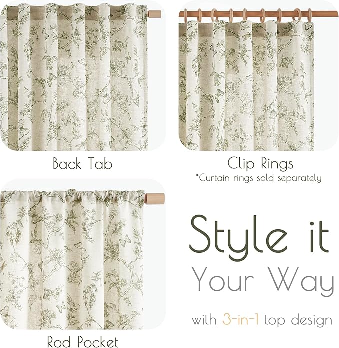 Lazzzy Farmhouse Linen Curtains Green Floral Curtains 108 Inch Length Back Tab Drapes for Living Room Bedroom Light Filtering Country Vintage Rod Pocket Curtain, 2 Panels, Green on Beige