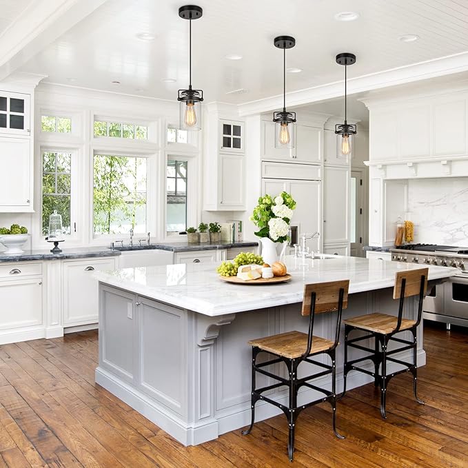 Industrial Pendant Lighting for Kithen Island, 1 Light Mini Hanging Pandent Light Fixture with Clear Glass Shade Adjustable Farmhouse Ceiling Light for Kitchen Island Dining Room Living Room