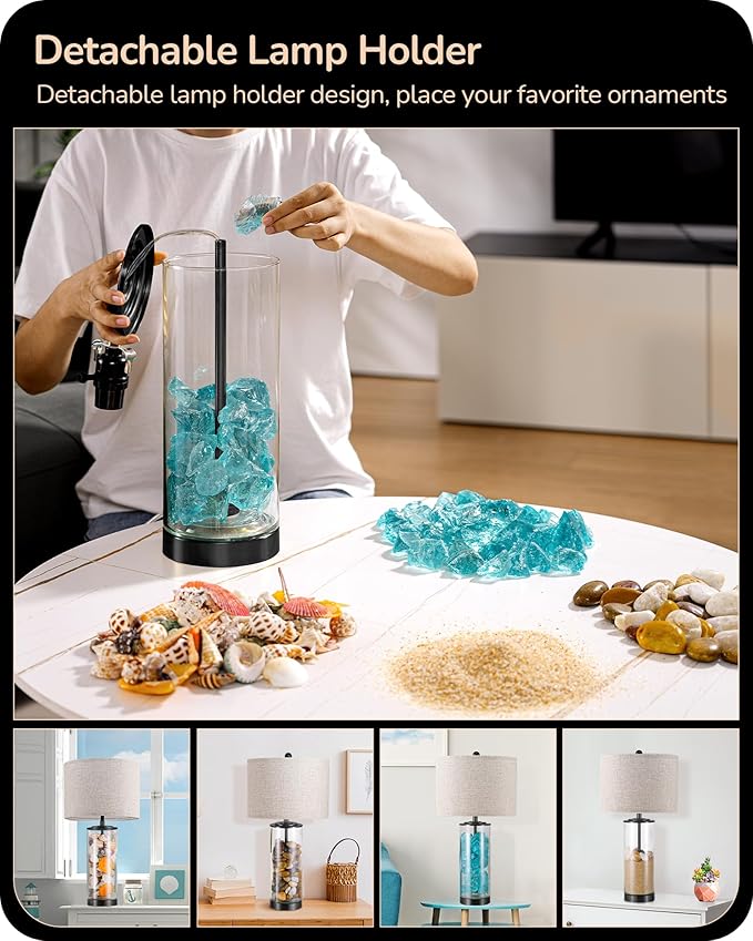 EDISHINE 23.6" Glass Table Lamp Set of 2, DIY Refillable Bedside Lamp with Linen Lampshade & Rotary Switch, E26 Base, Nightstand Light for Living Room, Bedroom, Office