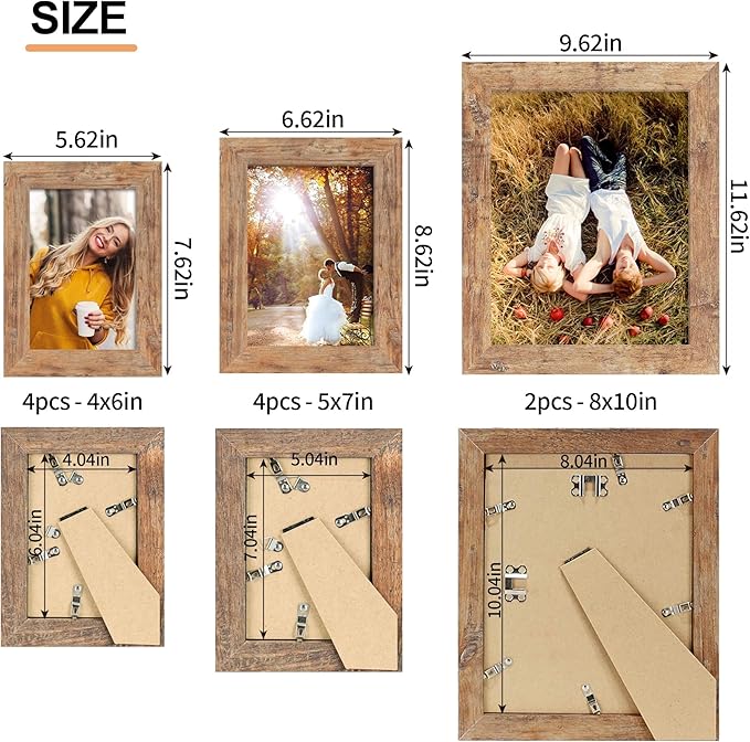 Collage Picture Frames Set of 10, Wall Decor for Mounting or Tabletop Display, Family Photo Gallery Frame Set - Multi Sizes Including Two 8x10, Four 5x7, Four 4x6, HD Glass, Rustic Wood