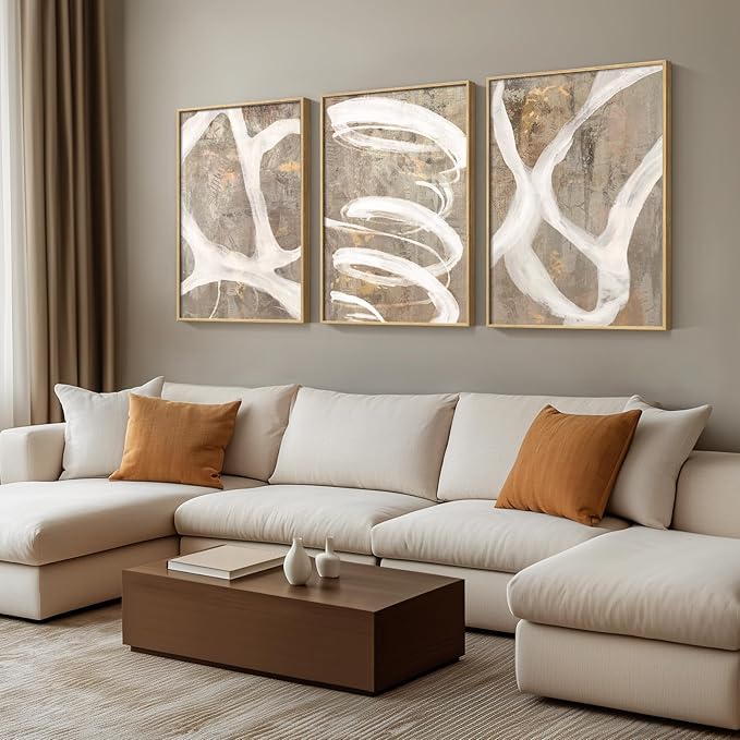 Framed Abstract Wall Art for Living Room, 3 Piece Modern Brown Beige Canvas Painting Artwork for Walls, Large Minimalist Neutral Lines Abstract Wall Decor, Hallway, Bedroom, Office, 24x36 Inch