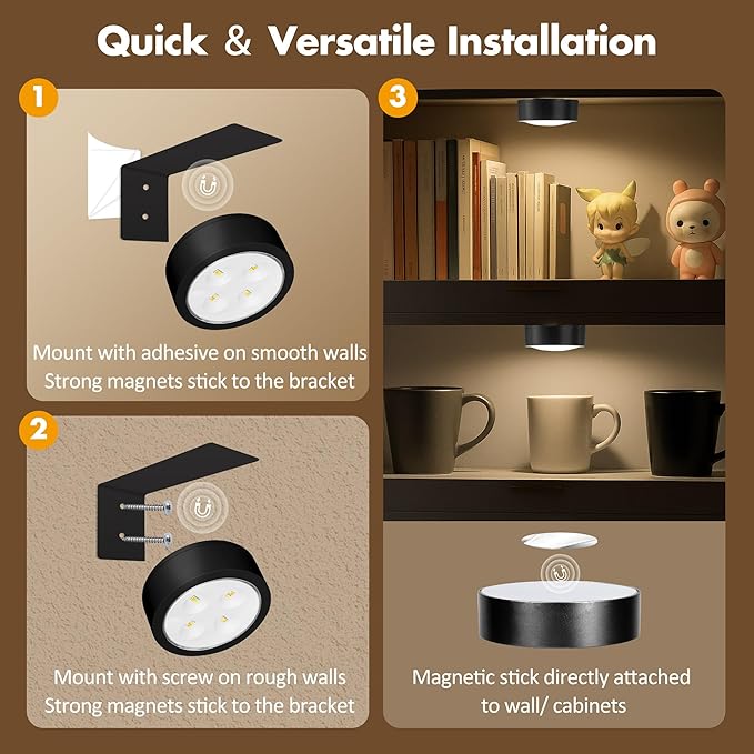 3Pcs Picture Lights for Wall Battery Operated, Magnetic Led Painting Light with Remote Dimmable and Timer, 3 Lighting Modes Art Display Light for Picture Frame, Wireless Wall Decor Puck Lights, Black