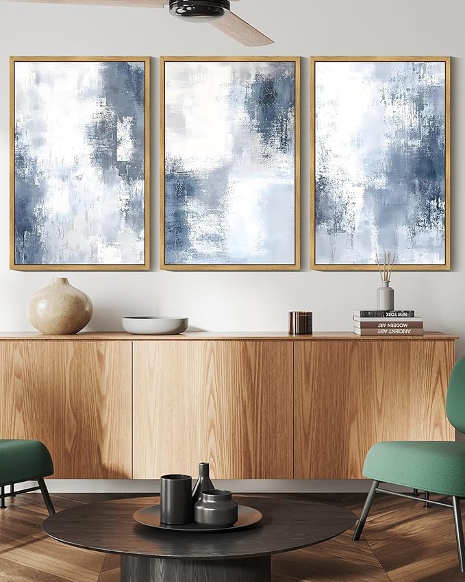 KUVIOKE Navy Blue and Gray Abstract Framed Canvas Wall Art Brush Strokes Block Shape Pastel Wall Decor Modern Minimalist Art Painting Home Decor 16x24in (Natural Framed)