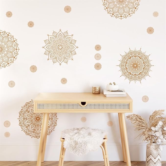Kazova's Brown Mandala Wall Decals Lotus Flower Yoga & Heart Chakra Stickers Boho Lotus Decor & Headboard Sticker Removable Wall Art Sticker for Bedroom Living Room Decor