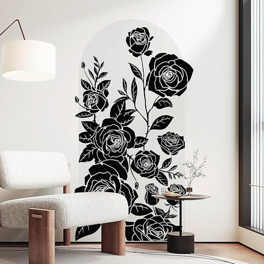 Large Arch Wall Decal Peel and Stick Black Rose Floral Accent Wall Stickers Self-Adhesive Modern Boho Floral Decal Vinyl Arch Wall Art for Headboard Living Room Bedroom Door Decor 63x 34.6IN