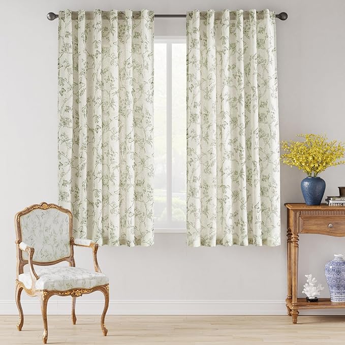 Lazzzy Linen Farmhouse Curtains Green Floral Curtains 63 Inch Length Back Tab Drapes for Living Room Bedroom Light Filtering Country Vintage Rod Pocket Curtain, 2 Panels, Green on Beige