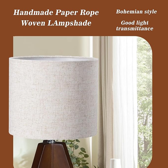 Tripod Table Lamp, Wooden Desk Lamp with Linen Beige Lampshade, 14.37 in Small Bedside Lamps, Brown Wooden E26 Base Lamps for Night Stands, Home, Office, Living Room, Dorm(Bohemian)