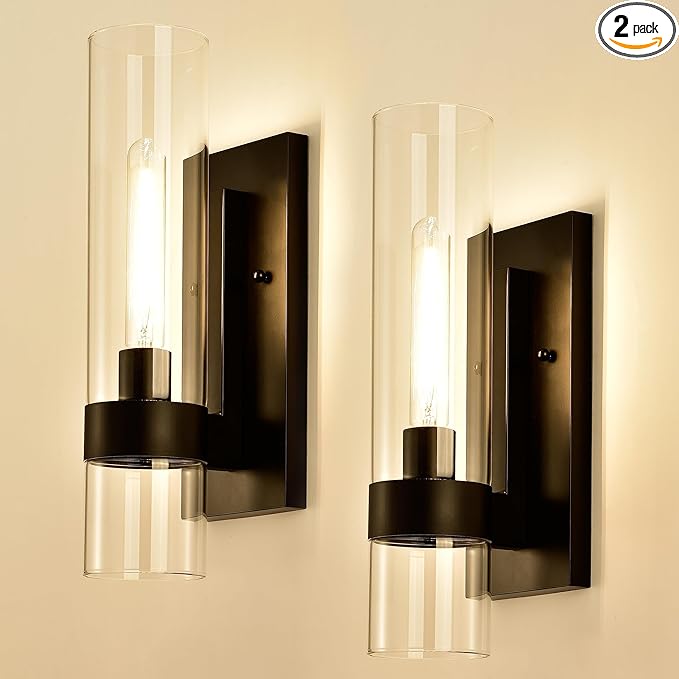 Indoor Wall Sconces Set of Two, Modern Black Bathroom Sconces Wall Decor with Cylinder Glass, Wall Lamps for Bedroom Hallway Vanity Kitchen Lighting Fixtures Set of 2