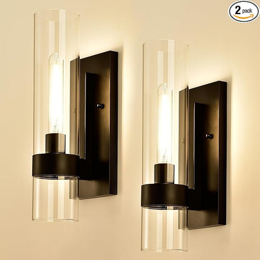 Indoor Wall Sconces Set of Two, Modern Black Bathroom Sconces Wall Decor with Cylinder Glass, Wall Lamps for Bedroom Hallway Vanity Kitchen Lighting Fixtures Set of 2