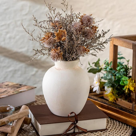 Ceramic Decorative Flower Vase | 6 Inch Pottery Rustic Farmhouse | Boho | Whitewashed Terracotta Vase for Home Decor, Table, Living Room, Bathroom, Shelf, Mantel Decoration, Terra, White