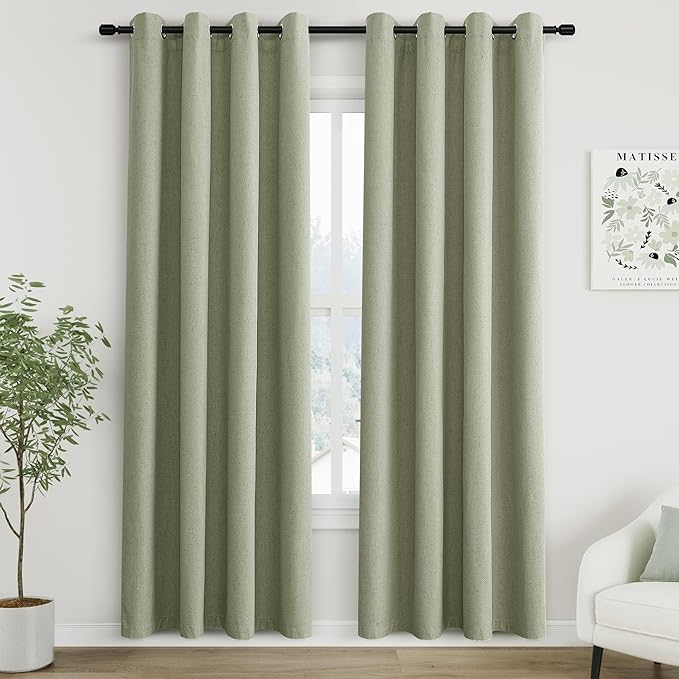 100% Blackout Linen Curtains for Bedroom Thermal Insulated Grommet Complete Blackout Drapes 80 Inch Length 2 Panels Set Heat and Full Light Blocking Living Room Darkening Curtains Sage Green