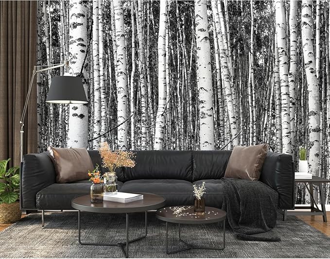 Large Black White Forest Murals 3D Peel and Stick Wallpaper Mural 148" Wx 98" H Nature Birch Trees Woodland Wall Mural Home Decor for Bedroom Livingroom Backdrop Wall Covering Poste