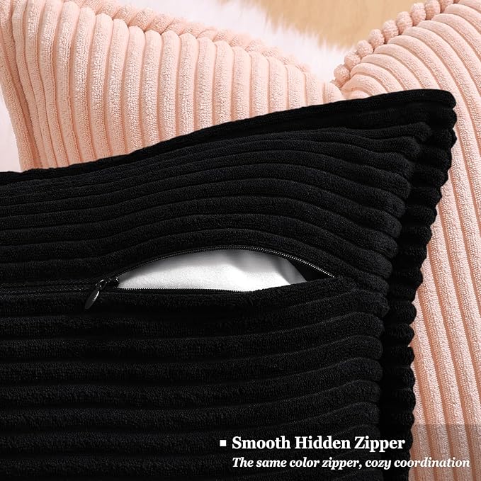 decorUhome Corduroy Black Throw Pillow Covers 22x22 Set of 2 Decorative Soft Boho Farmhouse Euro Couch Pillow Covers for Living Room Bed Sofa Broadside Striped Pillow Cases