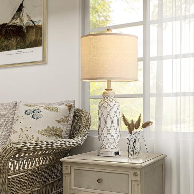 28" Table Lamps for Living Room Set of 2, Farmhouse Lamps for Bedroom with USB A+C Charging Ports, Touch Lamps for Nightstand, 2 Bulbs Included