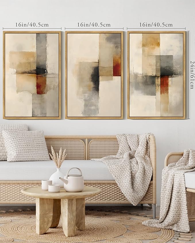 KUVIOKE Framed Abstract Wall Art Minimalist Beige Gray Red Pastel Watercolor Wall Decor Modern Neutral Art Print Home Decor 16x24in (Natural Framed)