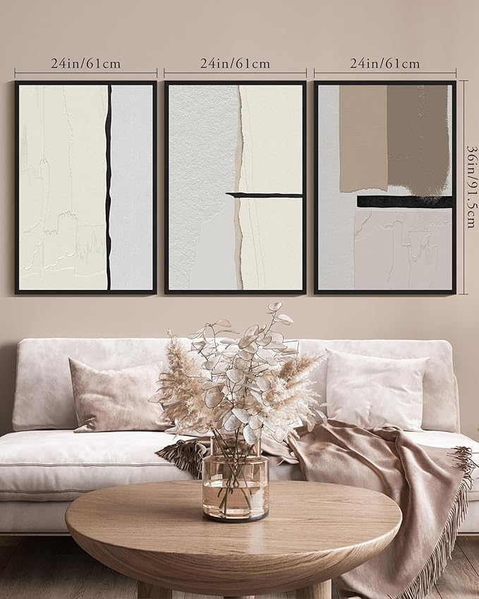 KUVIOKE Neutral Abstract Framed Wall Art Beige Mid Century Textured Wall Decor Minimalist Modern Illustrations Art Print Home Decor 24x36in (Black Framed)