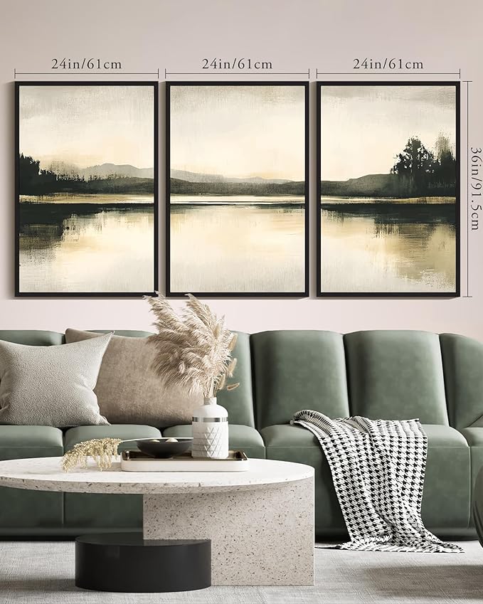 KUVIOKE Watercolor Abstract Mountain Lake Framed Wall Art Brown Landscape Nature Wilderness Painting Nordic Neutral Tan Illustration Decorative Home Decor 24x36in (Black Framed)