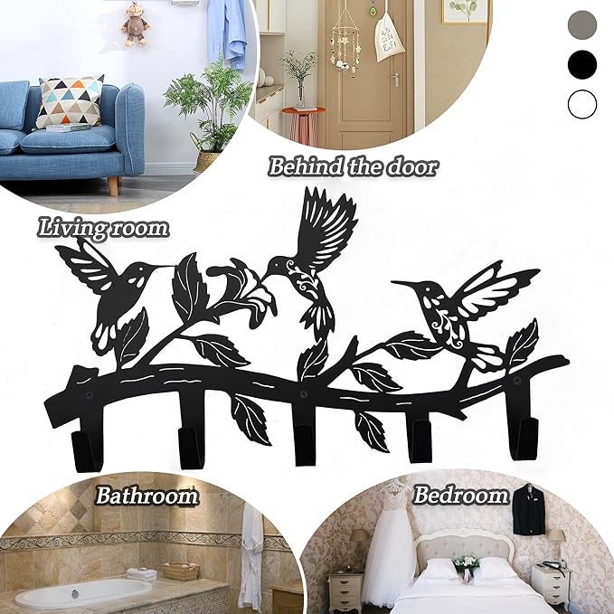 Metal Hummingbird Coat Hooks Wall Art Decor-Hummingbird Hangers and Key Holder-Animal Theme Hooks Sweet Home Decor for Storage, Living Room, Hallway, Office (Black)