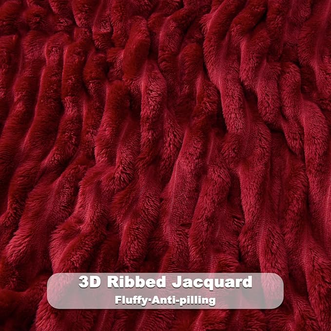 NEWCOSPLAY Super Soft Throw Blanket Red Premium Silky Flannel Fleece 3D Ribbed Jacquard Lightweight Bed Blanket All Season Use (Red Ribbed, Throw(50"x60"))