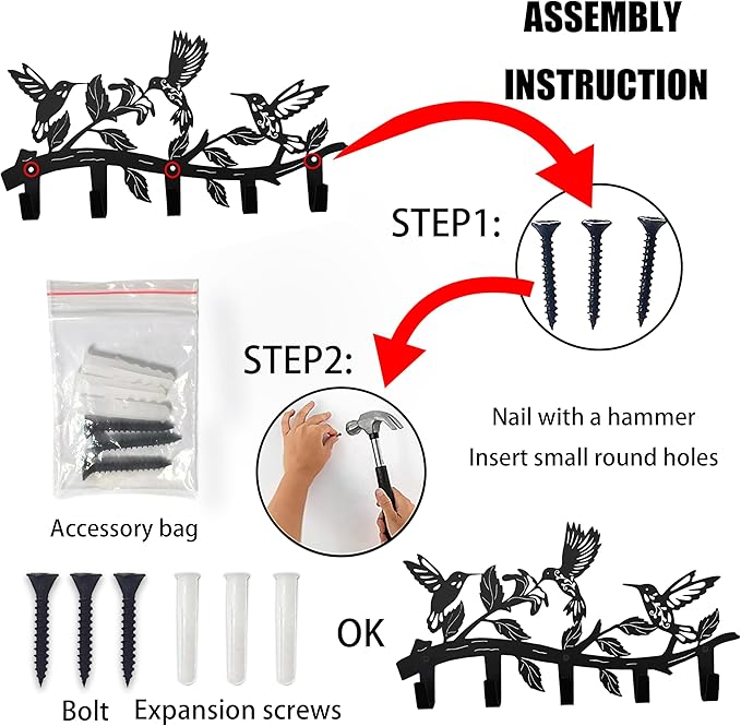 Metal Hummingbird Coat Hooks Wall Art Decor-Hummingbird Hangers and Key Holder-Animal Theme Hooks Sweet Home Decor for Storage, Living Room, Hallway, Office (Black)