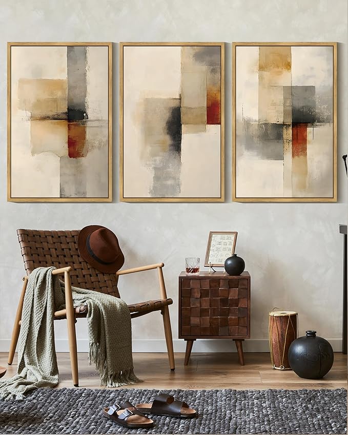 KUVIOKE Framed Abstract Wall Art Minimalist Beige Gray Red Pastel Watercolor Wall Decor Modern Neutral Art Print Home Decor 16x24in (Natural Framed)