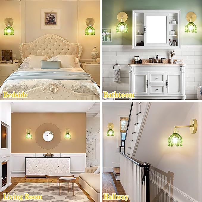 Vintage Wall Sconces,Wall Lamp with Flower Lampshade,3 Color Temperatures Wall Lights,Hradwired Wall Lighting Fixture for Bedside Bathroom Bedroom Doorway (Flower Green, 1 Light Hardwired)