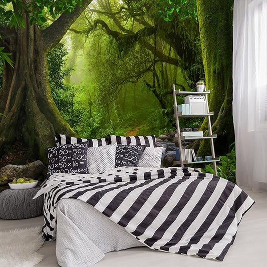 -Green Forest Landscapes Woodland Tree Fabric Wallpaper Living Room Bedroom Bathroom Flowing Jungle Wall Mural- 91"x65"（ not Peel and Stick）