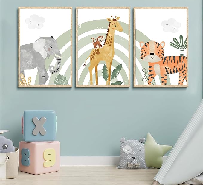 3Pcs Safari Animals Canvas Wall Art elephant tiger giraffe Posters Prints Bohemian Rainbow elements Paintings Pictures wall decor for Nursery Baby Bedroom Decorations Unframed