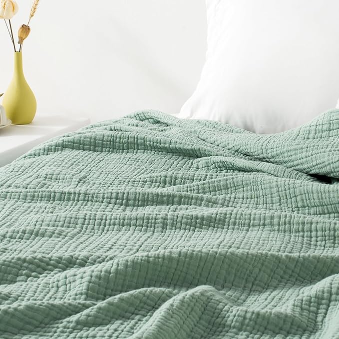Carriediosa 100% Cotton Muslin Throw Blanket 108" X 90" King Size，4-Layers Summer Gauze Throws for Bed Couch，Soft Lightweight Breathable Linen Blankets Bedspread for Adults All Season，Sage Green