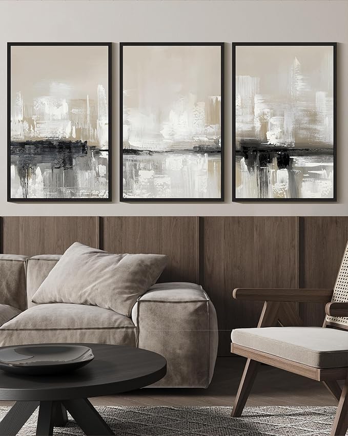 KUVIOKE Abstract Gray Framed Wall Art Neutral Brown Artwork Painting Morden Minimalist Wall Decor Rustic Home Decor 16x24in (Black Framed)