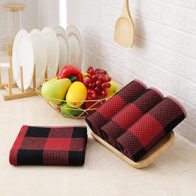 Homaxy 100% Cotton Waffle Weave Check Plaid Kitchen Towels, 13 x 28 Inches, Super Soft and Absorbent Dish Towels for Drying Dishes, 4-Pack, Black & Red