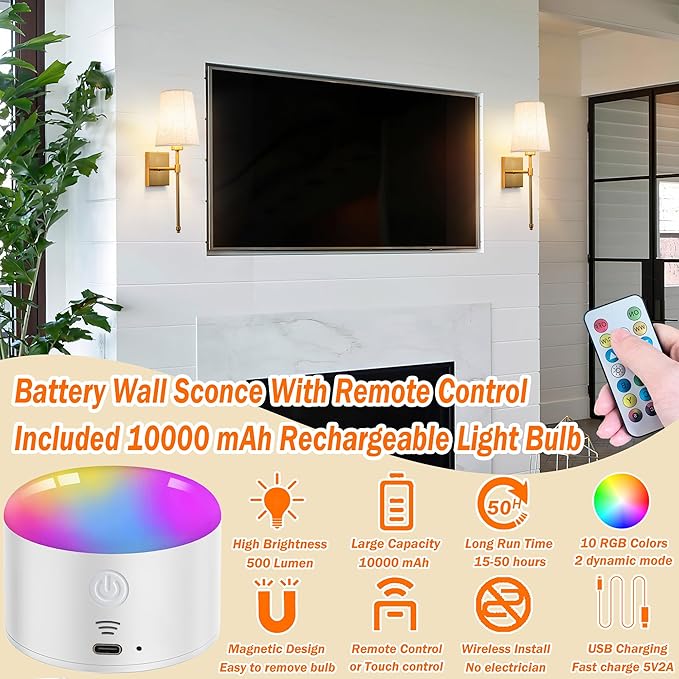 Battery Operated Wall Sconce Light Set Of Two, Battery Operated Sconces Wall Lighting Indoor Wireless Wall Sconce With Remote Control, Dimmable Battery Wall Lamp With 3CCT Bulb For Bedroom Living Room