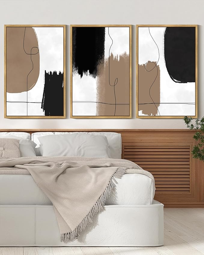 KUVIOKE Neutral Abstract Framed Wall Art Beige Mid Century Textured Wall Decor Minimalist Line Modern Illustrations Art Print Home Decor 16x24in (Natural Framed)