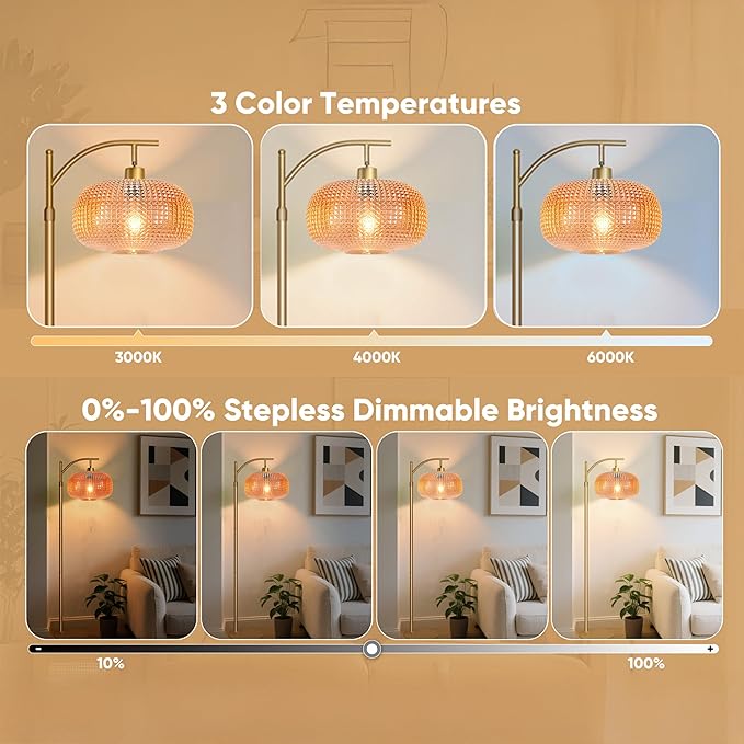 Glass Floor Lamp for Living Room with Amber Glass Lampshade, Dimmable Modern Floor Light with 12W LED Bulb, Remote Control Tall Standing Lamp for Bedroom