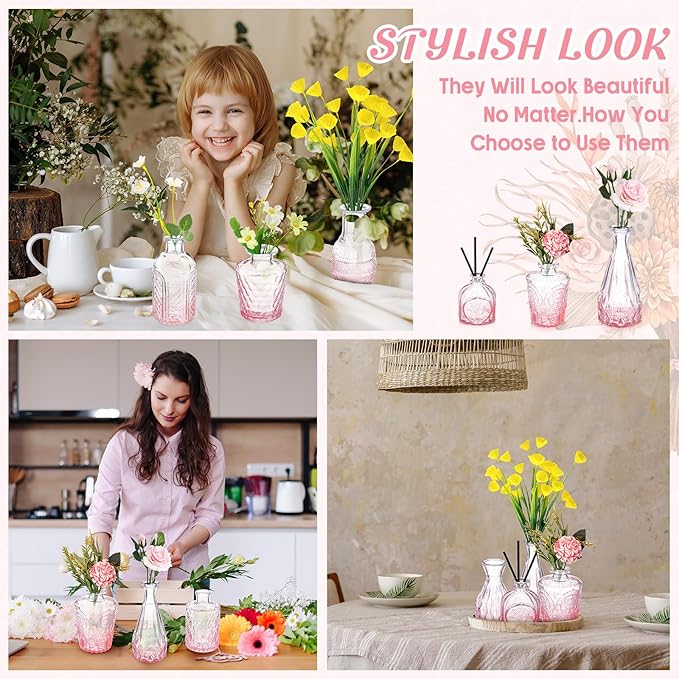 Inbagi Glass Vase, 20 Pcs Set of Small Vintage Flower Vases in Gradient Pink, Decorative Centerpieces for Home, Wedding Table, Christmas Decoration