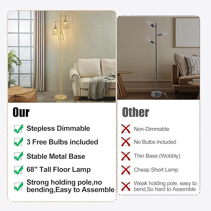 Industrial Floor Lamp 68'' - 3-Light Gold Dimmable Rustic Floor Lamp with Sturdy Pole & Heavy Base, 800 Lumens LED Bulbs Lamp for Living Room, Bedroom, Office Decor