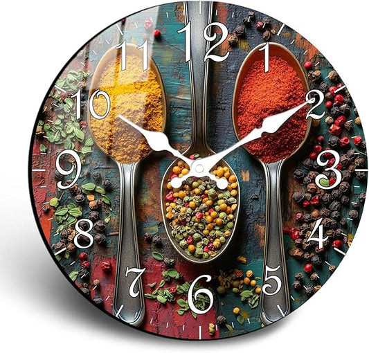 10 Inch Spice Themed Wall Clock for Kitchen – Rustic Vintage Battery Operated Wall Clocks, Silent Analog Wall Clock Non Ticking Decorative for Farmhouse Dining Room Living Room Accent