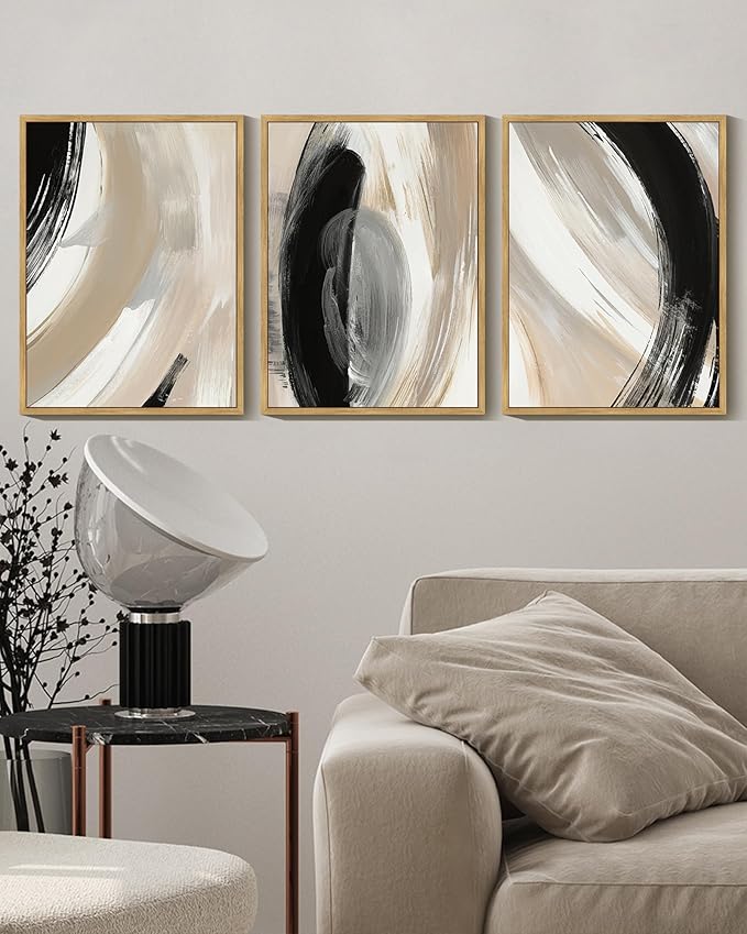 KUVIOKE Modern Abstract Framed Wall Art Black Neutral Minimalist Ink and Wash Graffiti Pastel Wall Decor for Bedroom Living Room 12x16in (Natural Framed)