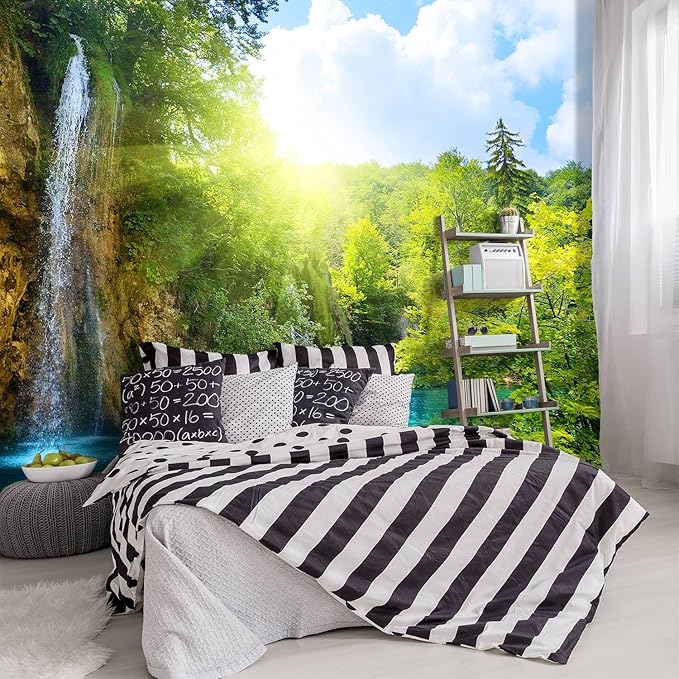 -Green Lake Waterfall Scenery Fabric Wallpaper Living Room Woodland Forest Mountain Bedroom Bathroom Large Wall Mural- 160"x108"（ not Peel and Stick）