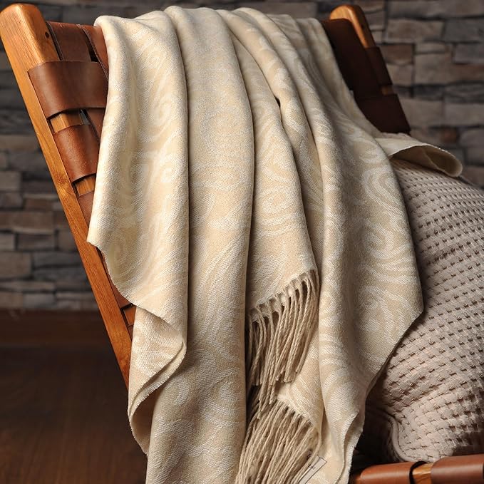 CUDDLE DREAMS Premium Cashmere Throw Blanket with Fringe, Luxuriously Soft (Paisley Beige)