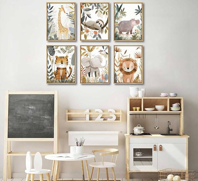 6Pcs Boho Baby Animals Wall Art Jungle Safari Canvas Paintings Cute Giraffe Elephant Lion Wall Decor Prints Inspirational Forest Animals Posters Pictures for Nursery kids Boys Bedroom Unframed